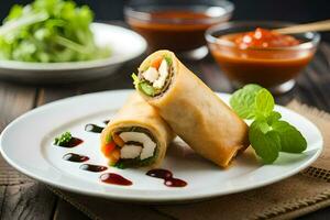 chicken spring rolls on a plate with sauce. AI-Generated photo