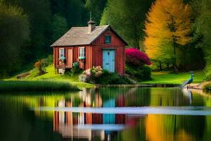 a red house sits on the edge of a lake. AI-Generated photo