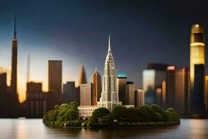 a cityscape with a tall building in the middle. AI-Generated photo