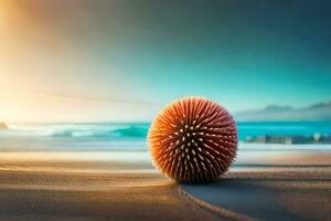a ball of sand on the beach at sunset. AI-Generated photo