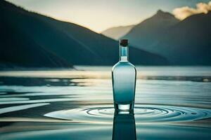 a bottle of water sits on the water with mountains in the background. AI-Generated photo