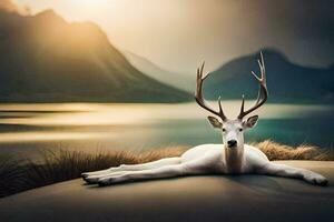 a deer laying down on the ground near a lake. AI-Generated photo