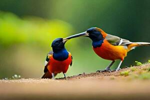 two colorful birds standing on a dirt path. AI-Generated photo