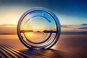 a circular object with a sunset in the background. AI-Generated photo