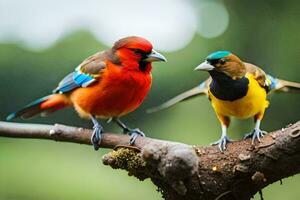 two colorful birds sitting on a branch. AI-Generated photo