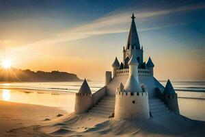 un arena castillo en el playa a puesta de sol. generado por ai foto