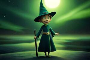 the little witch with a green hat and staff. AI-Generated photo