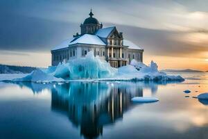 a church is surrounded by ice and water. AI-Generated photo