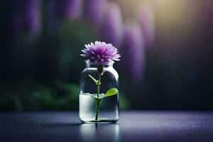 purple flower in a glass bottle on a table. AI-Generated photo