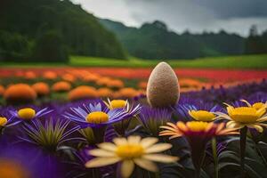 a large egg sitting in a field of flowers. AI-Generated photo