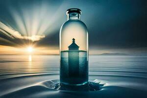 a bottle with a lighthouse in it on the beach. AI-Generated photo