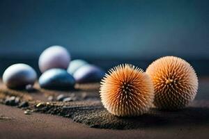 two spiky balls on a sandy surface. AI-Generated photo