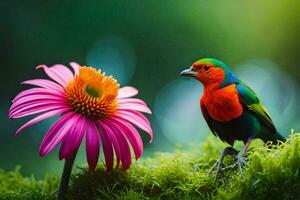 a colorful bird is standing on the mossy ground next to a pink flower. AI-Generated photo