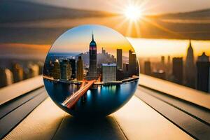 a glass ball with a city skyline in the middle. AI-Generated photo