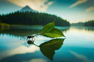 a leaf is sitting on the water with a mountain in the background. AI-Generated photo