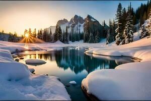 a beautiful winter scene with snow and trees. AI-Generated photo