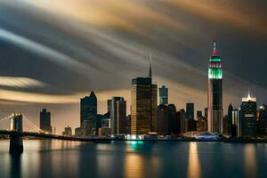 the manhattan skyline at night with the empire state building in the foreground. AI-Generated photo