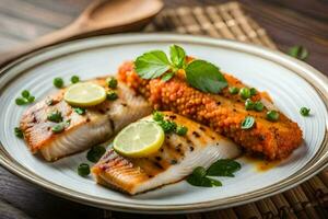 grilled fish with lemon and parsley on a white plate. AI-Generated photo