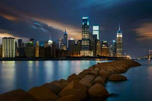 el Manhattan horizonte a noche. generado por ai foto