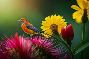 a colorful bird sits on top of a flower. AI-Generated photo