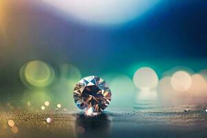 a diamond on a table with bokeh lights. AI-Generated photo