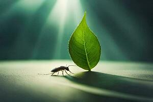 a bug on a leaf with sunlight shining on it. AI-Generated photo