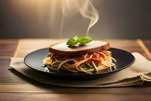 spaghetti sandwich on a plate with smoke. AI-Generated photo
