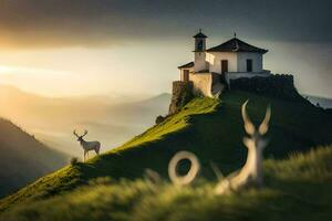 a deer stands on a hill with a house in the background. AI-Generated photo