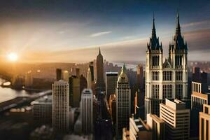 the sun rises over the city skyline in new york. AI-Generated photo