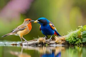 two colorful birds standing on a branch near water. AI-Generated photo