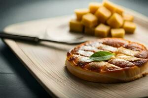 a pastry on a wooden plate with a fork. AI-Generated photo