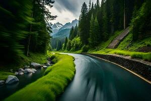 un río fluido mediante un bosque con montañas en el antecedentes. generado por ai foto