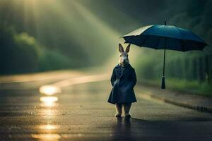 a rabbit in a coat and raincoat stands in the rain. AI-Generated photo