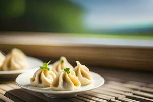 three dumplings on a plate with a view of the mountains. AI-Generated photo