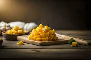 mango cubes on a cutting board. AI-Generated photo