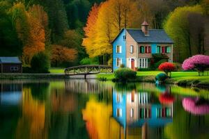 colorful house on the lake with colorful trees. AI-Generated photo