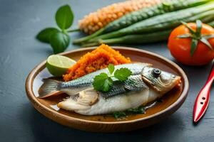 a plate of fish with rice and vegetables. AI-Generated photo