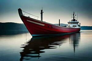 a red boat is floating in the water. AI-Generated photo