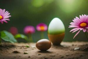 an egg and flowers in the dirt. AI-Generated photo