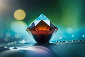 a diamond is sitting on a table with water droplets. AI-Generated photo