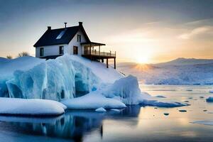 a house sits on top of an iceberg in the middle of the water. AI-Generated photo