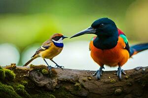 un vistoso pájaro y un pequeño pájaro son en pie en un rama. generado por ai foto