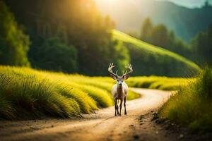 a deer stands on a dirt road in the middle of a field. AI-Generated photo