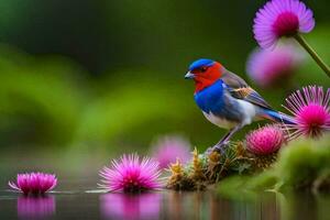 a colorful bird is perched on a plant with pink flowers. AI-Generated photo