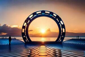 a futuristic bridge with a sun setting behind it. AI-Generated photo