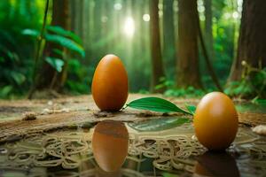 two eggs are sitting on a log in a forest. AI-Generated photo
