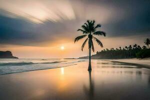 a palm tree stands on the beach at sunset. AI-Generated photo