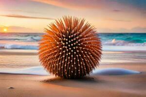 a spiky ball of sand on the beach at sunset. AI-Generated photo