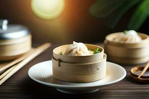 dumplings in bamboo containers on a wooden table. AI-Generated photo