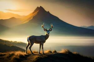 a deer stands on a hill overlooking the mountains. AI-Generated photo